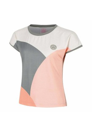 T-shirt femme à manches courtes avec blocs de couleurs géométriques en blanc, gris et pêche, avec un col rond et un petit emblème sur la poitrine.