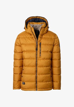 Pikowana kurtka w kolorze musztardowym z kapturem, zamkiem błyskawicznym, bocznymi kieszeniami i kontrastową podszewką. Charakteryzuje się pikowaną fakturą oraz metką z logo.