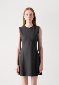 Gray sleeveless dress with a high neckline, front zip closure, and structured fit, made from a smooth, stretch fabric.