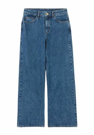 Jean bleu à jambes larges en denim, avec une taille haute, cinq poches, une fermeture à bouton et un léger délavage. Coupe droite classique.