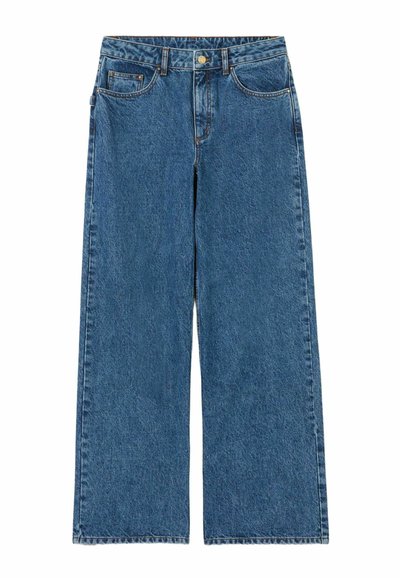 Jeans de tiro alto en denim de pierna ancha y color azul, con cinco bolsillos, cierre de botón y un ligero desgaste. Corte recto clásico.