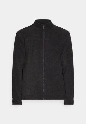 Black fleece jacket with a high collar and full-length zipper. Features long sleeves and a smooth texture throughout.