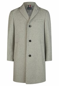 Abrigo de mezcla de lana gris claro con cuello de muesca, diseño de un solo botón, tres botones negros y un detalle de bolsillo en el pecho.