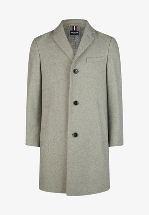 Cappotto grigio chiaro in misto lana con colletto a punta, design monopetto, tre bottoni neri e dettaglio sulla tasca del petto.