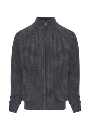 Dark gray zip-up sweater featuring a textured, ribbed pattern, raglan sleeves, and a high collar. The cuffs and hem are knitted.