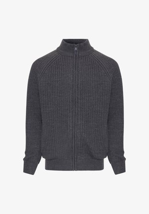 Dark gray zip-up sweater featuring a textured, ribbed pattern, raglan sleeves, and a high collar. The cuffs and hem are knitted.