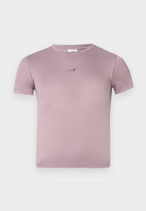 Short-sleeve, crew neck t-shirt in light mauve fabric with smooth texture and subtle logo accent on the chest.