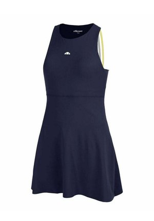 Vestito sportivo senza maniche blu navy con corpino aderente, gonna svasata, piccolo logo bianco sul petto e dettaglio a striscia gialla sulla spalla.