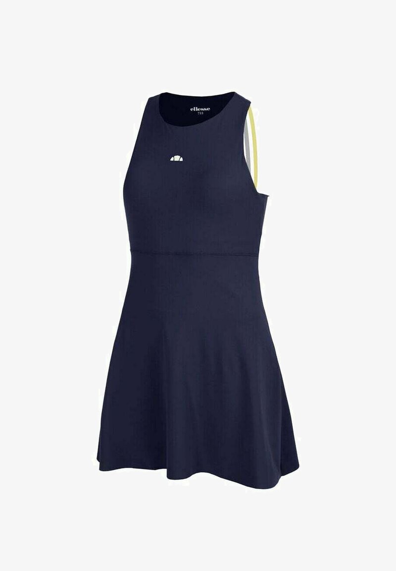 Vestito sportivo senza maniche blu navy con corpino aderente, gonna svasata, piccolo logo bianco sul petto e dettaglio a striscia gialla sulla spalla.
