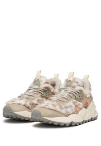 Beige and cream sneakers with a fuzzy upper, featuring grey accents, textured laces, and rubber soles with a rugged tread pattern.
