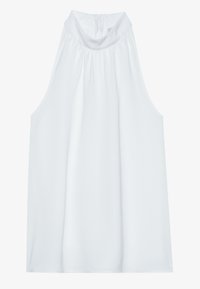 Haut blanc sans manches avec un col montant, doté d'un tissu froncé au niveau de l'encolure et d'une fermeture éclair discrète à l'arrière. Texture lisse.