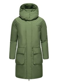 Pamučni zeleni parka s visokim kapuljačom, dva prednja džepa i zatvaračem. Ima glatku, mat teksturu i minimalno brendiranje.