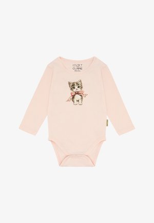 Body per neonati a maniche lunghe di colore rosa chiaro con bottoni a pressione e con stampa sul petto di un gattino che indossa un fiocco floreale rosa.