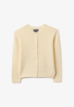 Cardigan côtelé de couleur crème en tissu doux, doté d'un col rond, de manches longues et d'une patte de boutonnage à l'avant.