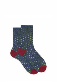 Calzini blu navy con pois verdi, dettagli rossi su tallone e punta. Realizzati in tessuto strutturato; design alla caviglia.