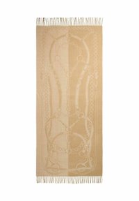 Tessuto beige con un intricato motivo a catena e bordi frangiati. Texture liscia con dettagli più chiari che contrastano in tutto il design.
