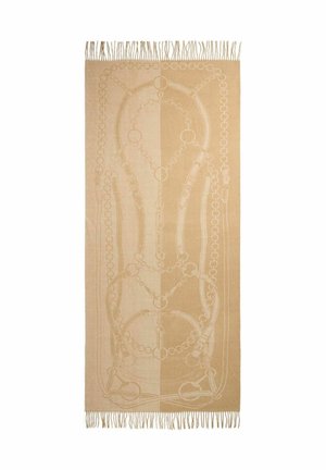 Tessuto beige con un intricato motivo a catena e bordi frangiati. Texture liscia con dettagli più chiari che contrastano in tutto il design.