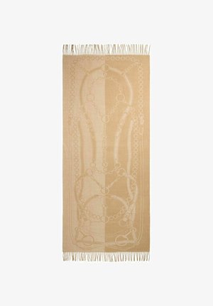 Tessuto beige con un intricato motivo a catena e bordi frangiati. Texture liscia con dettagli più chiari che contrastano in tutto il design.