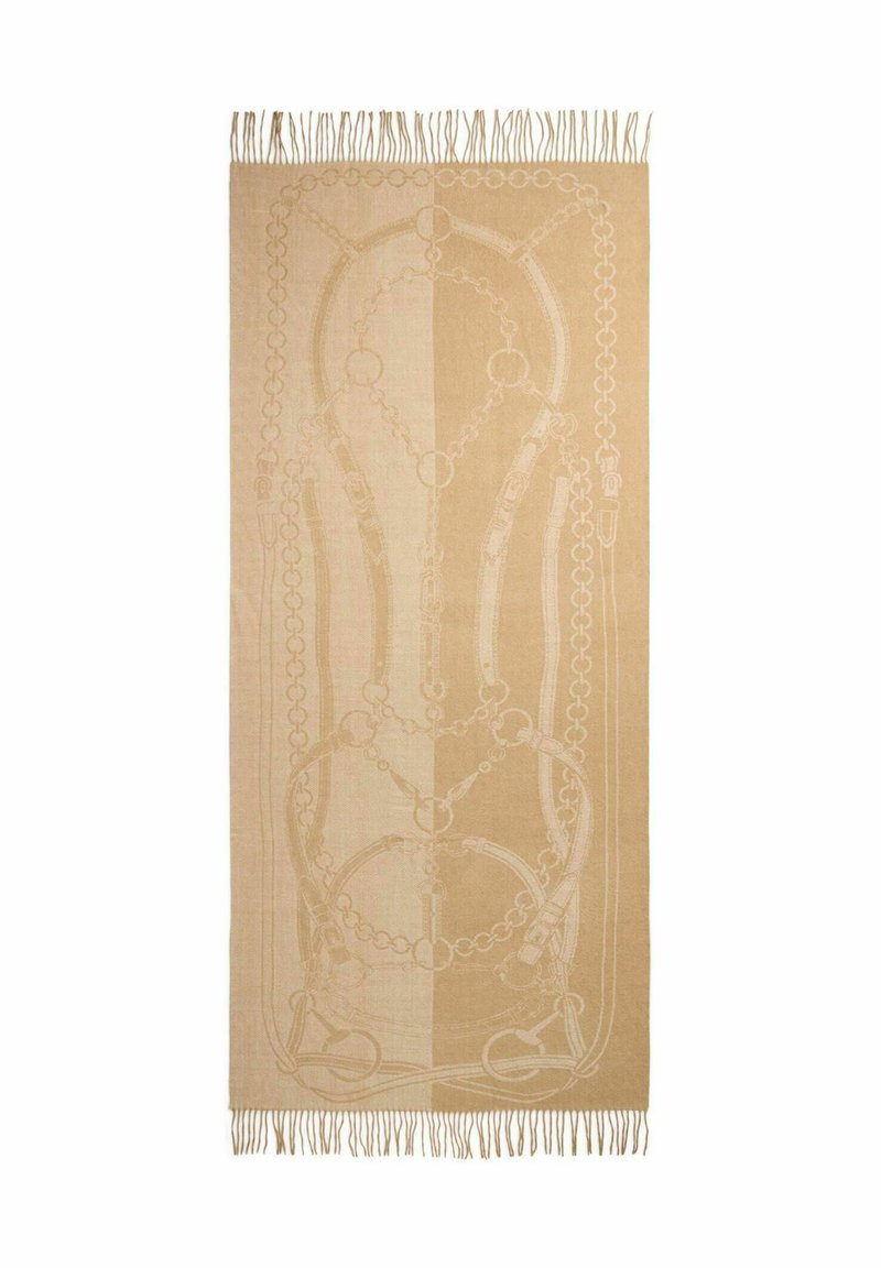 Tessuto beige con un intricato motivo a catena e bordi frangiati. Texture liscia con dettagli più chiari che contrastano in tutto il design.