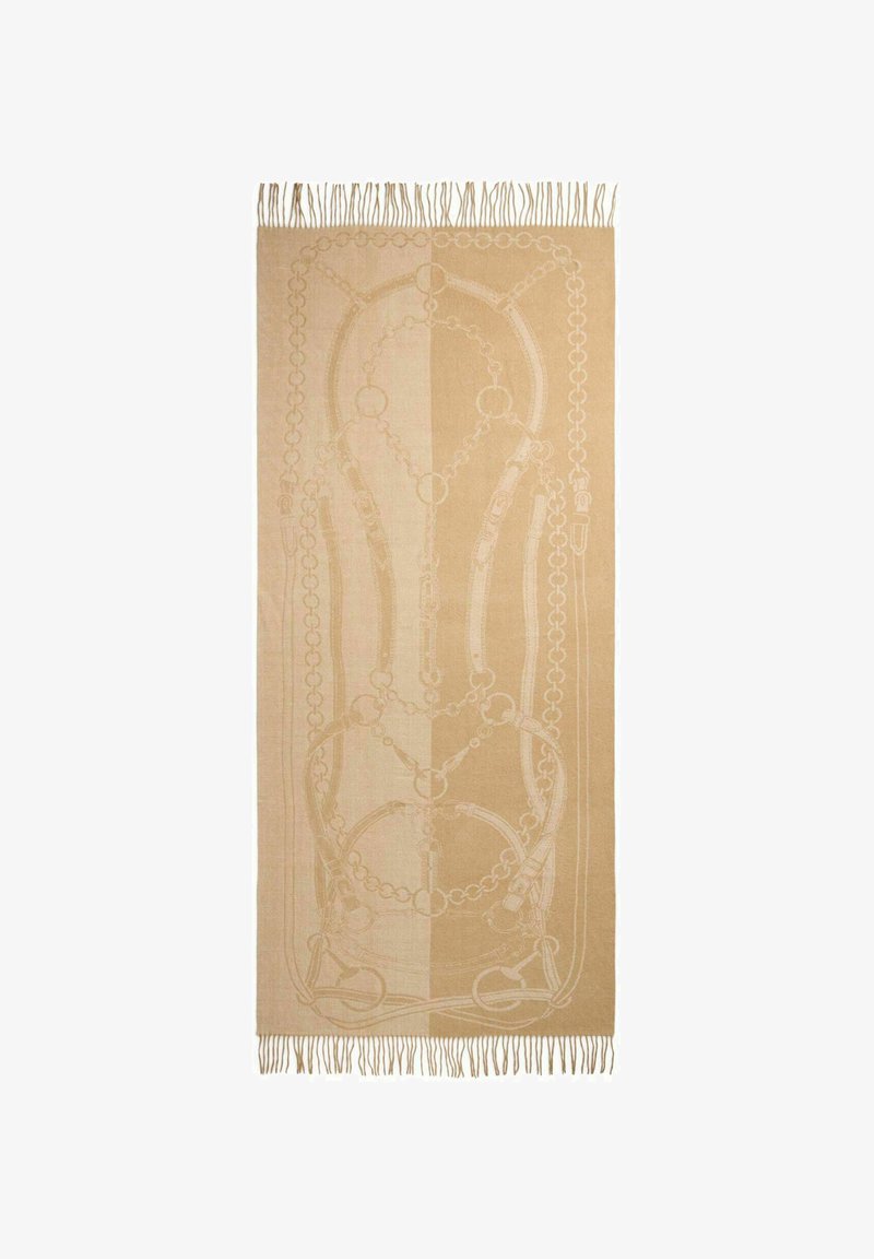 Tessuto beige con un intricato motivo a catena e bordi frangiati. Texture liscia con dettagli più chiari che contrastano in tutto il design.