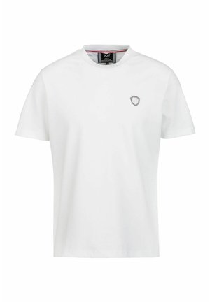 Witte katoenen t-shirt met een klassieke ronde hals en korte mouwen. Bevat een klein schildlogo geborduurd op de linkerkant van de borst.