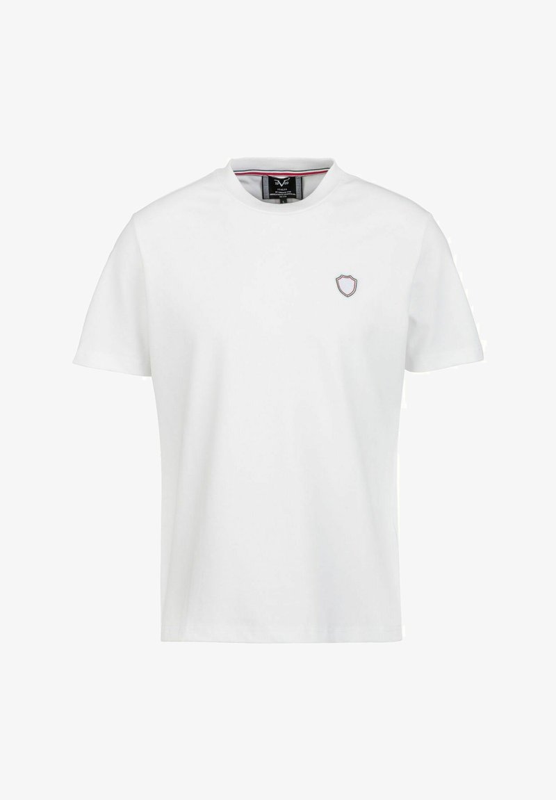 Weißes Baumwoll-T-Shirt mit klassischem Rundhalsausschnitt und kurzen Ärmeln. Enthält ein kleines Wappen-Logo, das auf der linken Brust gestickt ist.