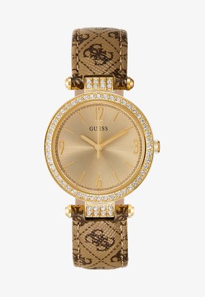 Relógio redondo em ouro com uma pulseira texturizada castanha que apresenta um padrão de logótipos; bisel realçado com cristais transparentes; mostrador dourado com marcadores de horas proeminentes.