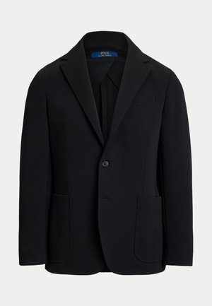 Black blazer with a notch lapel, single button closure, two front pockets, and a breast pocket. Made from smooth fabric with a tailored fit.