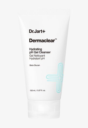 Tube nettoyant gel hydratant pH Dr. Jart+ Dermaclear, 150 ml, blanc avec texte noir et motif croix bleue.