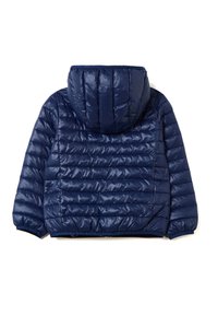 Granatowa kurtka puffer z odpinanym kapturem, pikowany wzór i elastyczne mankiety. Charakteryzuje się gładką, błyszczącą teksturą i skróconym krojem.