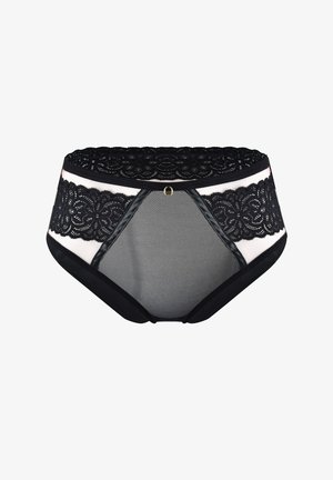 Czarne koronkowe figi z wysokim stanem mają przeźroczysty panel z siateczki, gładkie boczne akcenty oraz małe złote kółko na środku z tyłu.