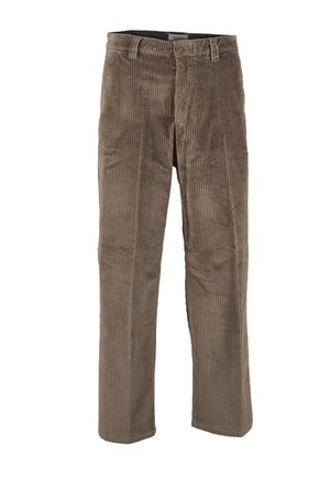 Pantalon en velours côtelé marron avec des côtes verticales, fermeture par bouton et fermeture éclair, ainsi que des passants pour ceinture à la taille, présenté sur fond blanc.