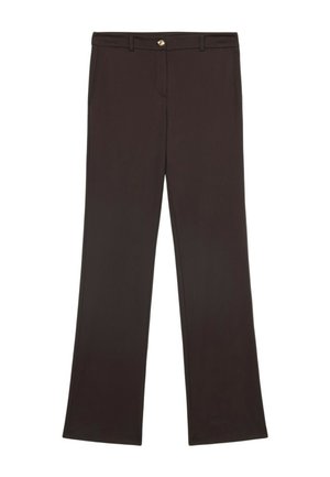 Braune, gerade geschnittene Hose aus glattem Stoff. Merkmale sind ein goldener Knopf an der Taille und seitliche Taschen. Minimalistisches Design, ohne Muster.