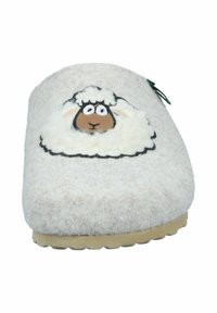 Wool slipper in light beige with a textured finish. Features a sheep design on the upper and a tan rubber sole for grip.