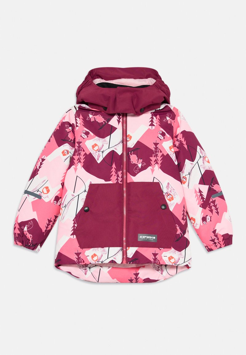 Rózsaszín és bordó kabát geometrikus hegy- és állatmintákkal, cipzáras elülső résszel, nagy zsebekkel és állítható kapucnival.