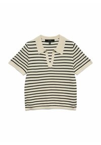 Kortærmet polo med sorte vandrette striber på cremefarvet bund. Har krave og nøgleringsudskæring. Blød striktekstur.