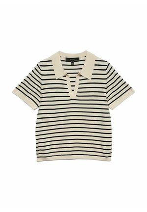 Polo de manga corta con rayas en crema y negro horizontales. Cuenta con cuello y escote con abertura en forma de ojo de cerradura. Textura de tejido suave.