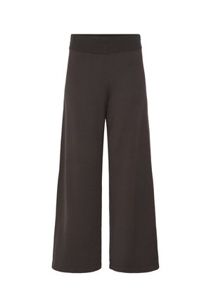 Zwarte broek met wijde pijpen en een hoge geribde elastische tailleband, getoond tegen een effen witte achtergrond.