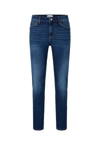 Dark blue denim jeans with a slim fit. Details include a standard waistband, five pockets, and subtle fading on the thighs.