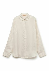 Camicia bianca a maniche lunghe con strisce verticali beige chiaro, colletto classico e chiusura con bottoni frontale. Tessuto morbido con una vestibilità rilassata.