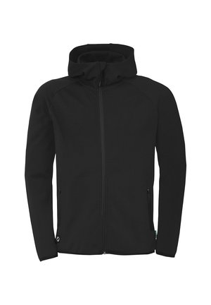 Sort zip-up hoodie lavet af blødt stof, med høj krave, to sidelommer og et fleksibelt design med minimale sømme.