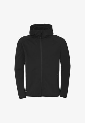 Sort zip-up hoodie lavet af blødt stof, med høj krave, to sidelommer og et fleksibelt design med minimale sømme.
