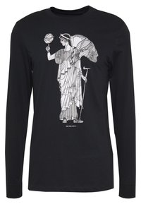 Black long-sleeve t-shirt featuring a white graphic of a draped figure holding a basketball, with a date and a logo underneath.