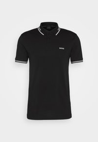 Polo noir à manches courtes avec des doubles rayures blanches sur le col et les manches, avec un petit logo blanc "BOSS" sur la poitrine gauche.