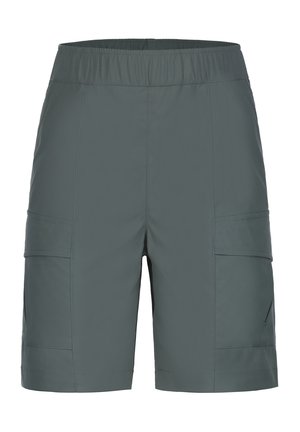 Shorts cargo gris avec une taille élastique, dotés de plusieurs poches latérales et d'une texture de tissu lisse et léger.
