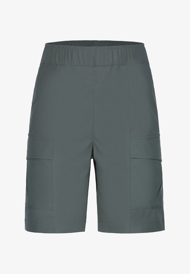 Grå cargoshorts med elastisk midja, med flera sidofickor och en mjuk, lätt textur.