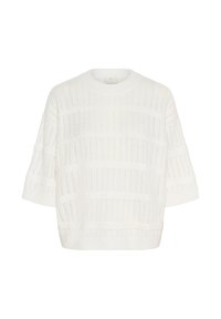 Pull en tricot blanc à manches courtes avec des motifs de câble horizontaux texturés et un col rond.