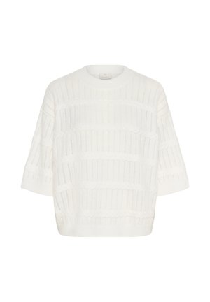 Pull en tricot blanc à manches courtes avec des motifs de câble horizontaux textur és et un col rond.
