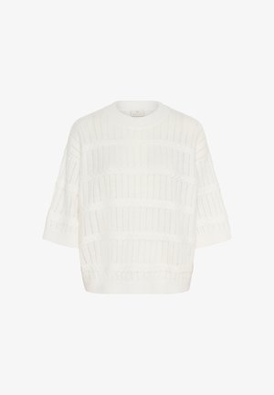 Pull en tricot blanc à manches courtes avec des motifs de câble horizontaux texturés et un col rond.