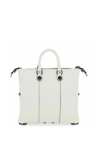 Sac à main blanc structuré avec double poignées supérieures, quincaillerie noire contrastante et détails de couture. Présente une fermeture zippée et quatre clous de base.
